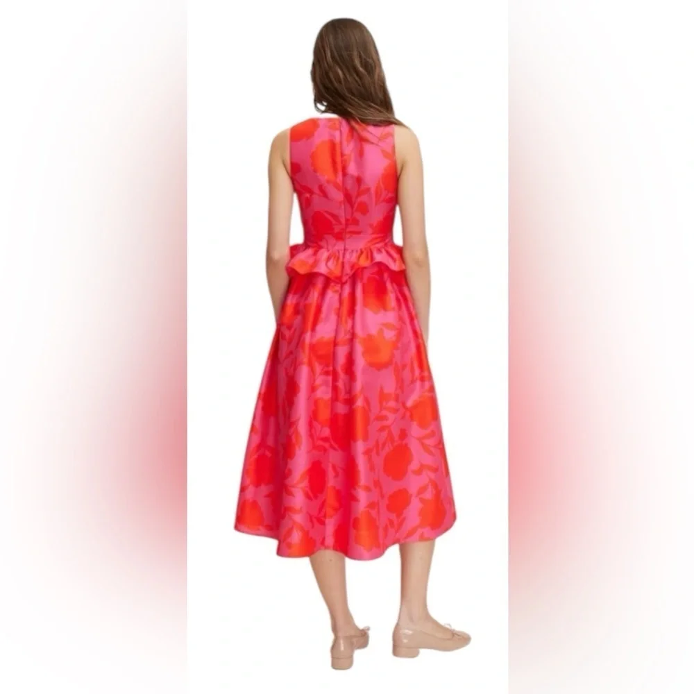 Kate Spade NEW Pink Red Floral Peplum V Neck Midi Dress, Women’s Size 2